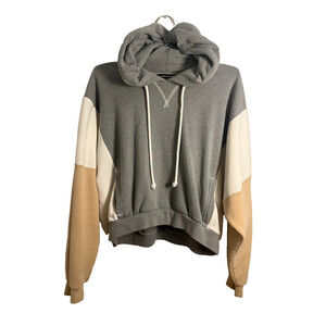 Abercrombie & Fitch Color Block Hoodie Sweatshirt Soft A&F Neutral Grey Tan Crop